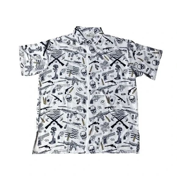 Funny Guy Mugs Gun Skull Print Shirt XXL White Graphic Button Up Men's Top - Picture 3 of 12